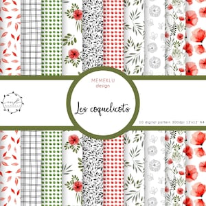RED POPPIES WATERCOLOR, digital paper watercolor, digital paper scrapbooking, Floral Printable Package, watercolor Printable Package, dots