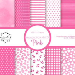 Può includere: Una collezione di dieci modelli digitali rosa. I disegni includono trame ad acquerello, a nido d'ape, a righe, a pois, cuori, foglie e un motivo a quadretti. L'immagine include il testo "MEMEKL design MONOCROMATICO Pink".