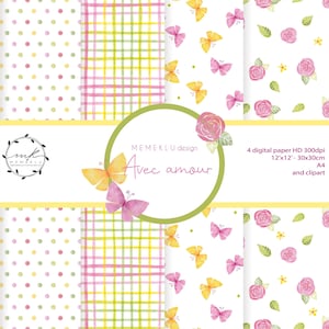 DIGITAL PATTERN SEAMLESS, polka dots watercolor, rose pattern watercolor, butterfly pattern watercolor, digital paper scrapbooking, spring