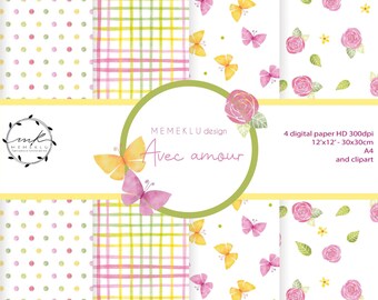 DIGITAL PATTERN SEAMLESS, polka dots watercolor, rose pattern watercolor, butterfly pattern watercolor, digital paper scrapbooking, spring