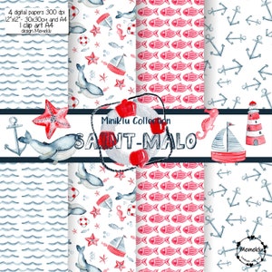 NAUTICAL SCRAPBOOK Papers with Sail Boats Sailor & Anchor Patterns, Coastal Ocean Theme Digital Paper for Baby Showers and Birthdays,