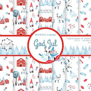 SCANDINAVIAN CHRISTMAS , Gnome pattern, pattern, seamless, nordic, watercolor, Christmas tree, elk, winter, printable, scrapbooking, house