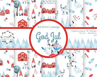SCANDINAVIAN CHRISTMAS , Gnome pattern, pattern, seamless, nordic, watercolor, Christmas tree, elk, winter, printable, scrapbooking, house