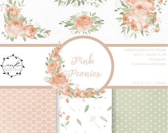 PINK AQUARELLE Floral Clipart, Cadres Bordures Rond, pivoines, Arrangements de mariage Clip Art, motif numérique, FOND TRANSPARENT PNG