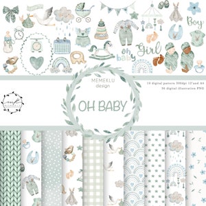 Oh bébé, papier numérique, motif numérique, bébé, chambre d'enfant imprimable, images de baby shower, clipart d'annonce de naissance, patten sans couture image 1