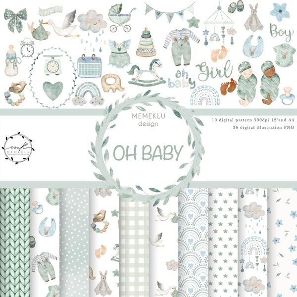 Oh Baby , digital paper, digital pattern, baby, nursery printable, baby shower images,Birth announcement clip art, seamless patten