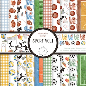 Sport digital illustration, digital pattern illustration, football volleyball rugby basket, printable sport illustration, Instant download