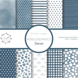 MONOCHROME Digital Paper Pack, blue denim  Digital Papers, Scrapbooking Paper, Digital Download, seamless watercolor pattern, printable