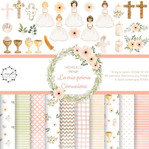 Watercolor First Communion Clipart, Watercolor Clipart First Communion for girls, religion, floral, Rosary, Cross, pattern first communion