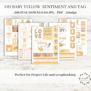 New born Sentiments , Clipart, Cut and Printable Files, project life tag, Word Labels for Card making, Download, baby illustration yellow