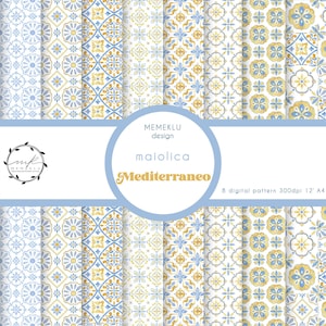 Può includere: Otto modelli digitali con un design maiolica mediterraneo. I modelli presentano motivi floreali e geometrici nei toni del blu, giallo e bianco. L'immagine include il testo "MEMEKL design maiolica Mediterraneo".