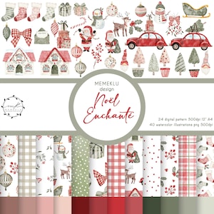 Può includere: Illustrazioni e motivi natalizi ad acquerello. L'immagine presenta Babbo Natale, auto rosse, case, ornamenti e alberi. Il testo "Noël Enchanté" è visualizzato in un design circolare. Sono presenti anche vari motivi a tema natalizio.