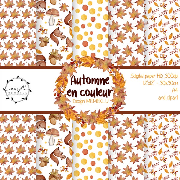 HELLO AUTUMN WATERCOLOR, Fall Season Autumn Leaves, Leaf Pattern, Fall Season, Digital Paper Pack, polka dots pattern, watercolor pattern