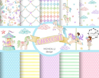 CAROUSEL WATERCOLOR Clipart, carousel paper pack, Carousel Horse, Carousel Nursery Art, Baby Shower, Carnival Clipart, Carousel Pony,