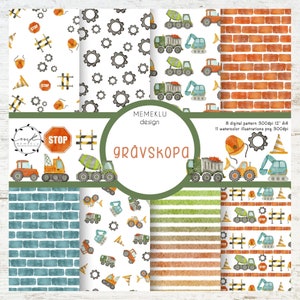 CLIPART DE AGUARELA, scrapbooking de veículos de construção png, gráficos, aquarela, ilustração, padrão de veículos de construção, tijolo de parede