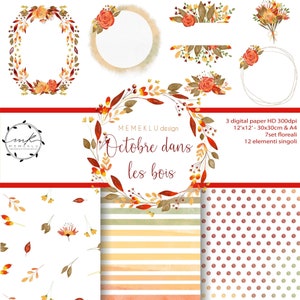 HELLO AUTUMNS WATERCOLOR, Fall Season Autumn Leaves, Leaf Pattern, Fall Season, Digital Paper Pack, polka dots pattern, watercolor pattern
