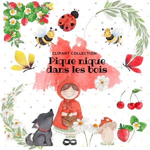 LITTLE RED RIDING hood Digital illustration, watercolor illustration, wolf illustration, strawberry illustration, daisy flowers illustration