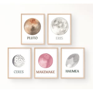 May include: Five framed watercolor prints of dwarf planets and celestial bodies. Each print features a planet illustration with its name below. The planets are Pluto, Eris, Ceres, Makemake, and Haumea. The frames are light brown.