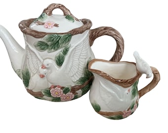 Vintage Japan Dove Teapot, Creamer and Dove Table Basket