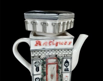 Vintage Main Street Ceramic Teapot, Black White Red
