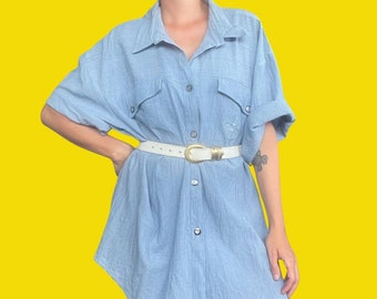 Cute as a Button 90s Chambray Shirt Dress | Oversized | Crushed Fabric| 100% Cotton | Summer Style