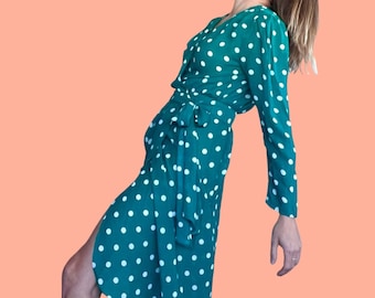 So Pretty! 80s Designer Polka Dot Wrap Dress | Teal Green with White Polka Dots | Julia Roberts | Pretty Woman