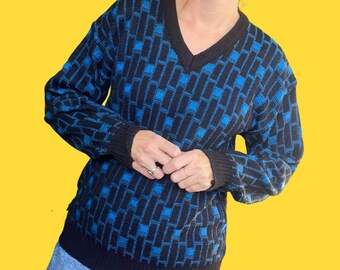 Vintage 80s Knit Sweater | Black & Cobalt Blue Abstract Print | Super Soft and Cuddly | Stranger Things | Heathers | Gender Neutral