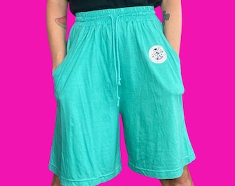 NEW WITH TAG Classic 80s High Waist Summer Shorts | Aqua | 100% Cotton | Comfy | Drawstring