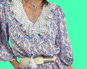 RARE 80s Designer Day Dress | Diane Freis | Soft | Comfy | Dropped Waist | Princess Diana Vibes | Classy | Geometric Print | White Pink Blue