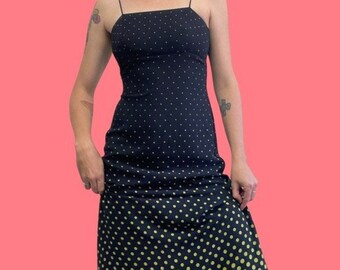 Gorgeous 90s Polka Dot Maxi Dress | Navy and Lime Green | Spaghetti Straps | Kat Stratford | 10 Things I Hate About You