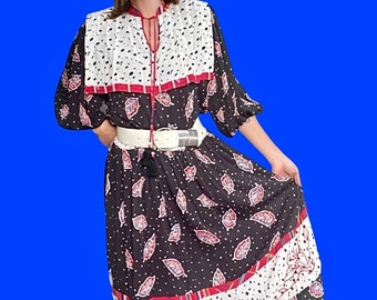 RARE 80s Designer Diane Freis Dress | Soft | Comfy | Dropped Waist | Princess Diana | Classy | Black Red White | Leaf Print | Abstract