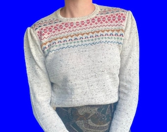 Suéter pequeño y dulce auténtico de los 70, Neutro con estampado clásico de invierno, Estilo del espectáculo de los 70