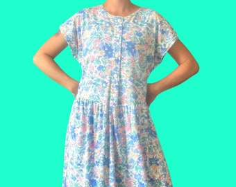 80s Floral Day Dress | Pastel Print | Soft and Comfy | Dropped Waist | Summer