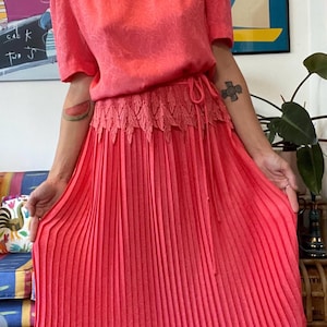 80s Bold and Beautiful Style Party Dress | Watermelon | Lace | Pleats