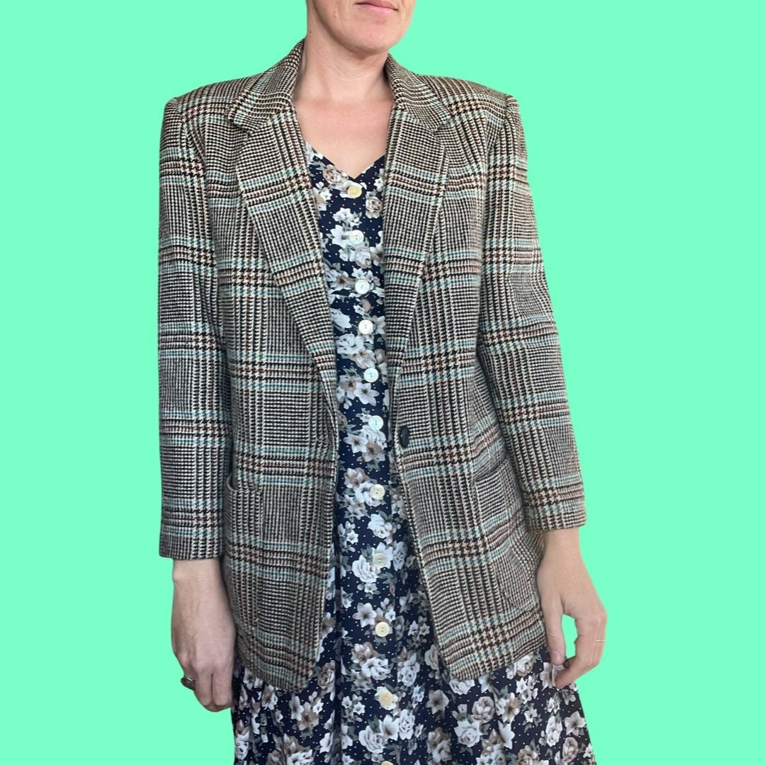 90s Plaid Blazer | Aqua Highlights | Heathers | Preppy | Wool Blend | Winona | Claire Danes
