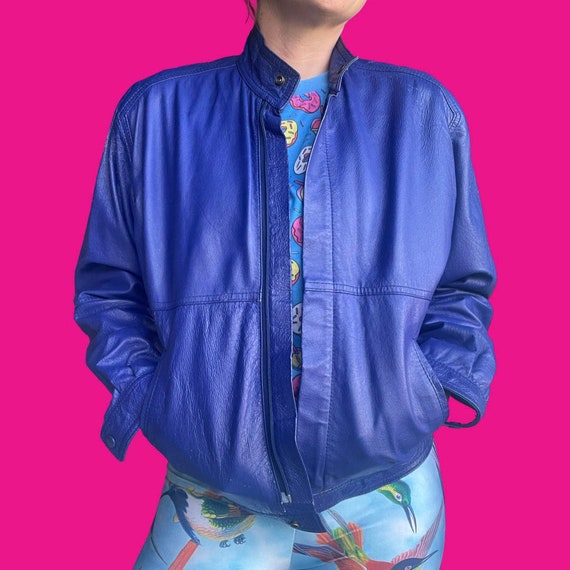 RARE 80s Bright Cobalt Blue Genuine Leather Bomber Jacket 