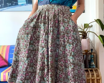 Vintage jaren 70 corduroy rok | Handgemaakt bloemenprint met zakken