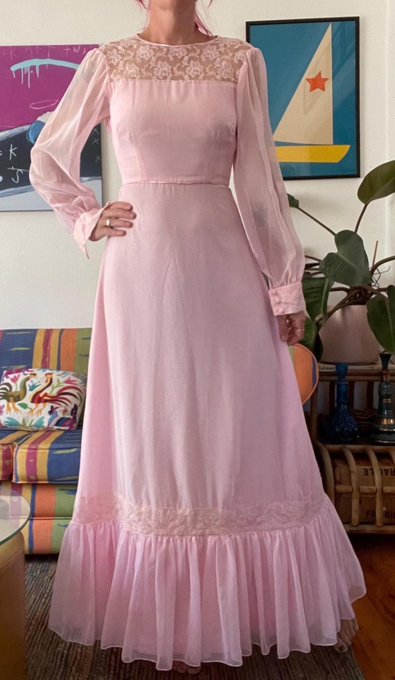 stevie nicks pink dress Stunning Vintage 70s Prairie Maxi Dress | Pale Pink | Stevie Nicks Boho |  Lace Trim