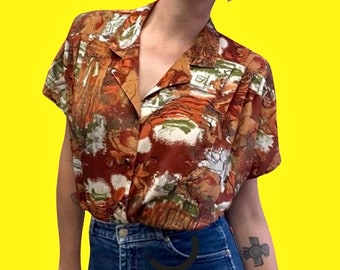 90s Geo Abstract Print Short Sleeve Blouse | Neutral Tones | Pleated Shoulders | Super Soft Fabric | Fresh Prince Style