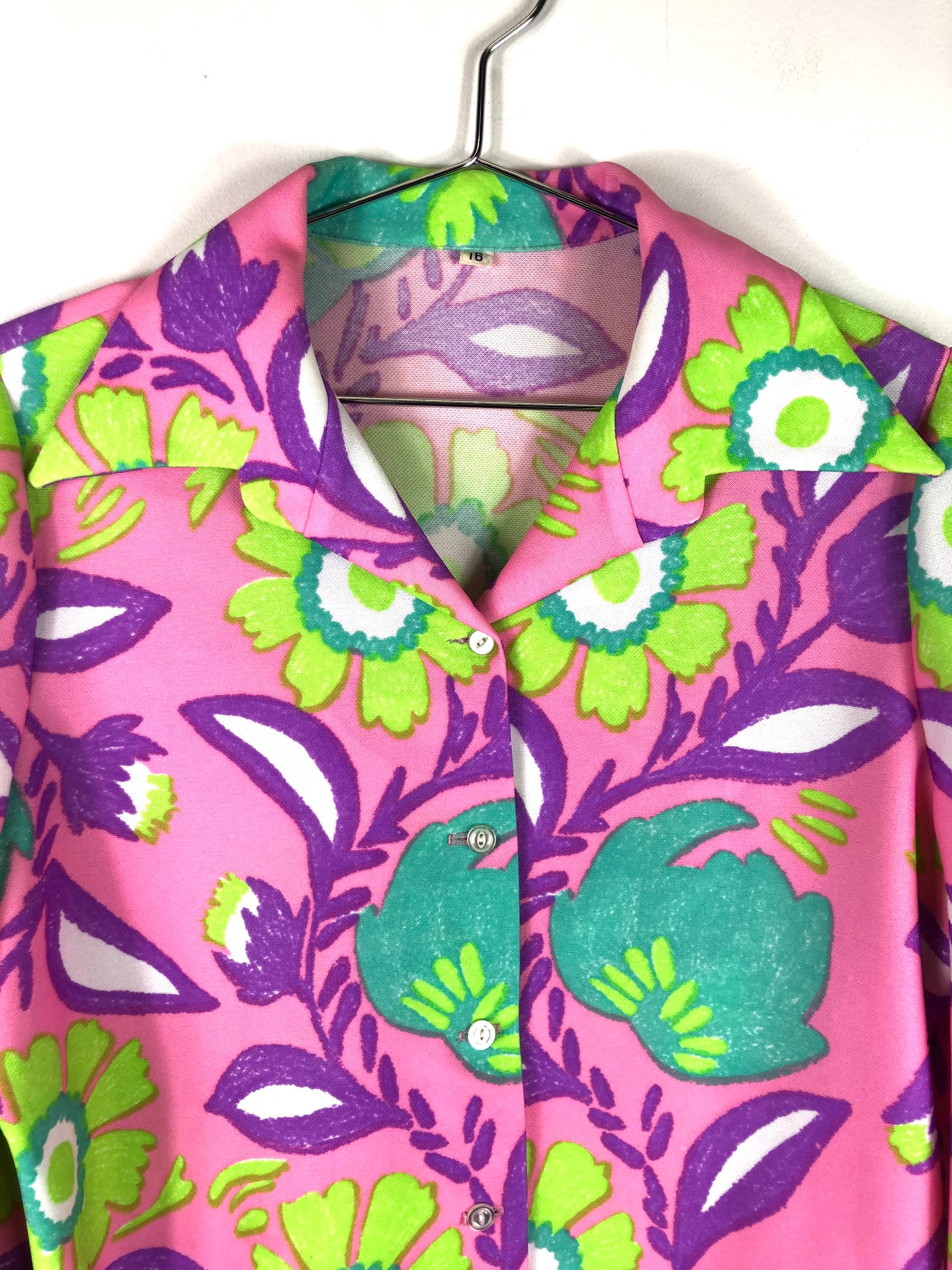 Flower Power 60s 70s Button Down Shirt Psychedelic Pink Green | Etsy