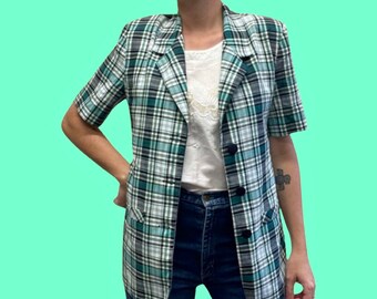 Epic 80s Plaid Short Sleeve Button Down | Teal Navy and Cream | Linen Blend | Heathers Style | Winona | Excellent Condition | Preppy