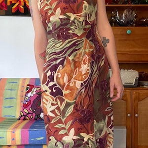 90s Abstract Floral Midi Dress | Berry and Olive on Neutral Tones | Viscose | Winona Ryder Grunge