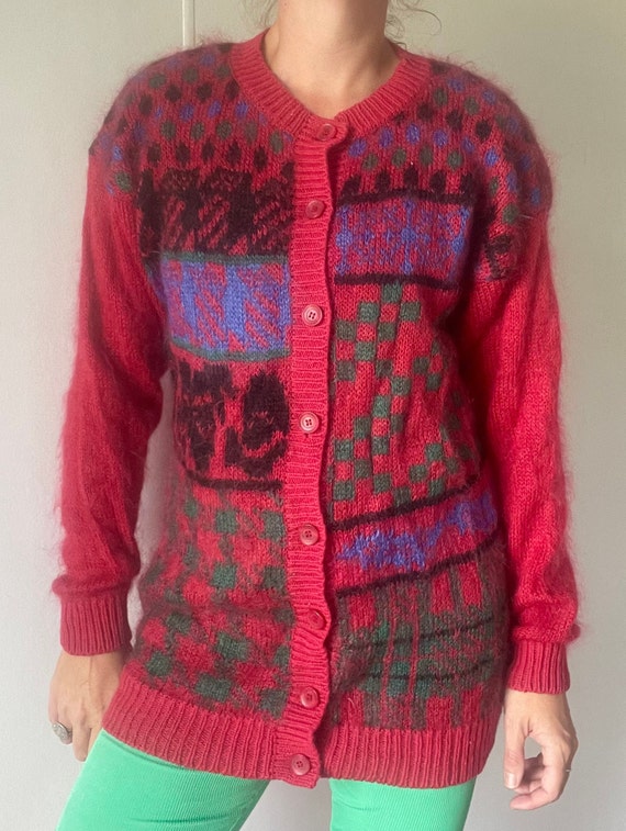 Vtg 80s Green Yellow Abstract Glitter Batwing Oversize Mohair Knit Cardigan L/XL main image 0