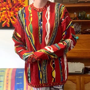 Vintage 80s Knit Sweater | Multicolour on Red| Coogi Style | Super Soft and Cuddly | Pure Merino Wool | Meeroo Australia