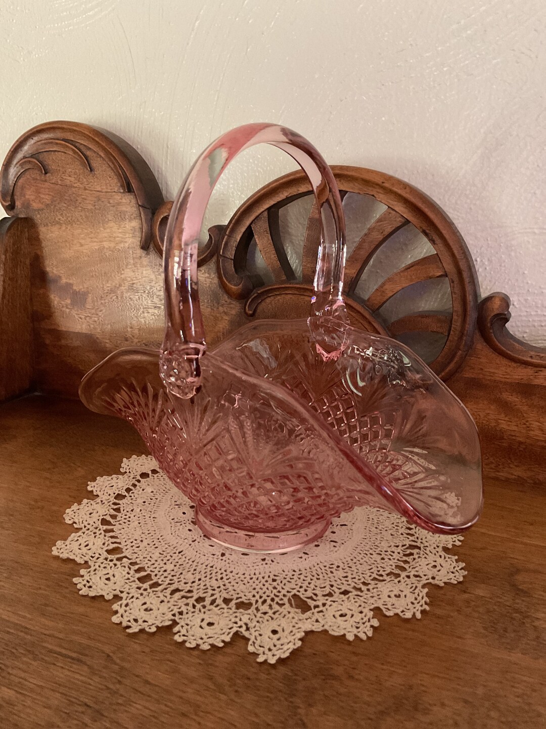 Vintage Pink Depression Glass Basket , Small Pink Basket Etsy