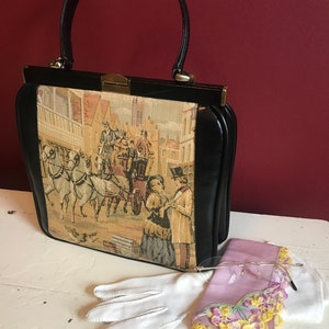 Beautiful Vintage Leather and Tapestry, Mid Century Handbag , Made in France