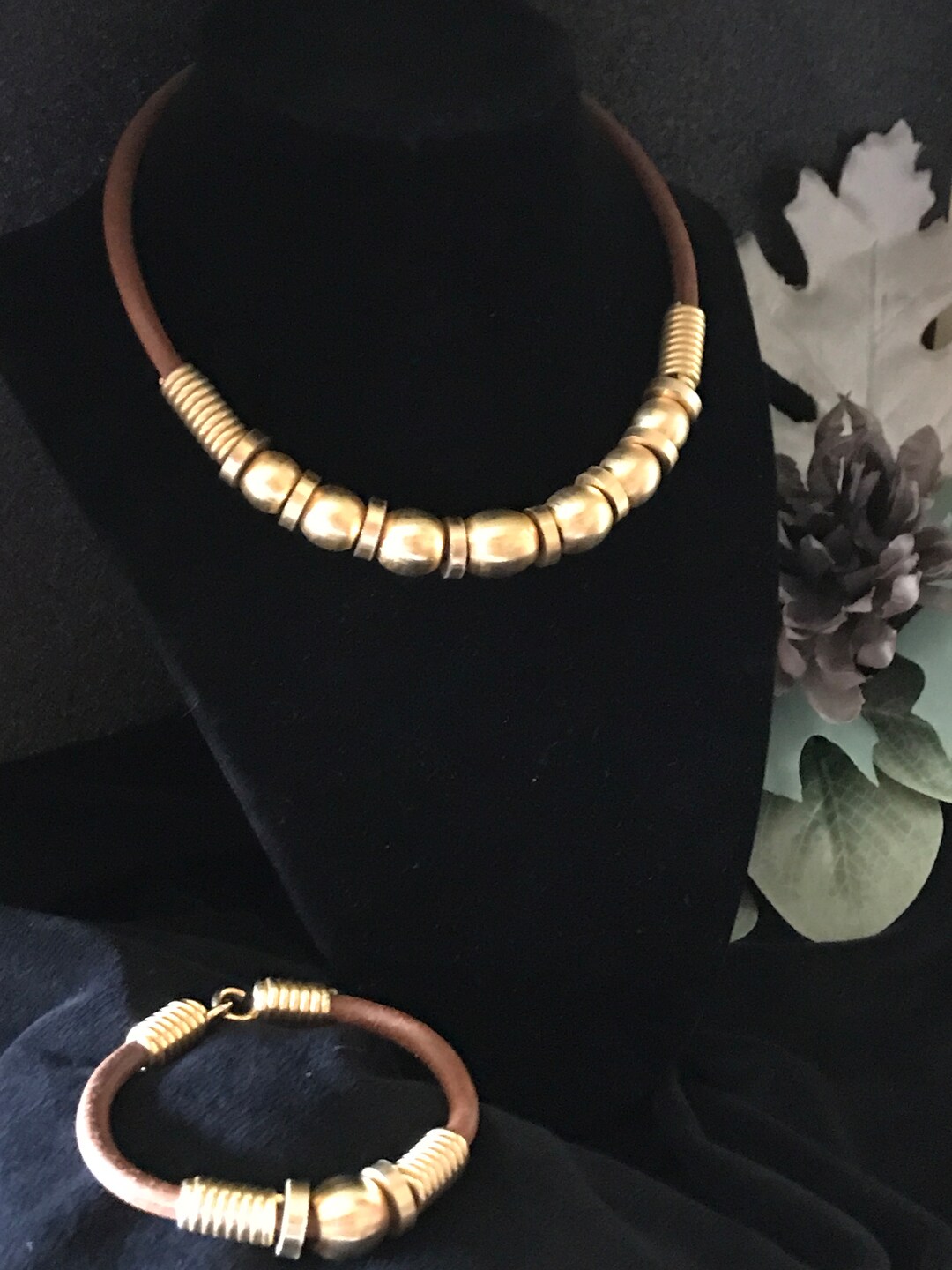 Vintage Leather Choker Necklace and Bracelet Brass Beads Etsy