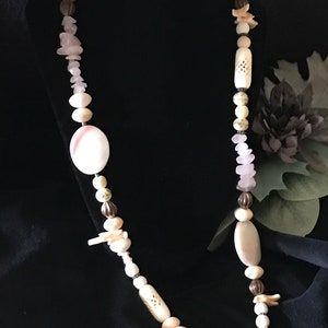 Beautiful Vintage Necklace, Rose Quartz , Ivory , Painted Stones , Brass Beads