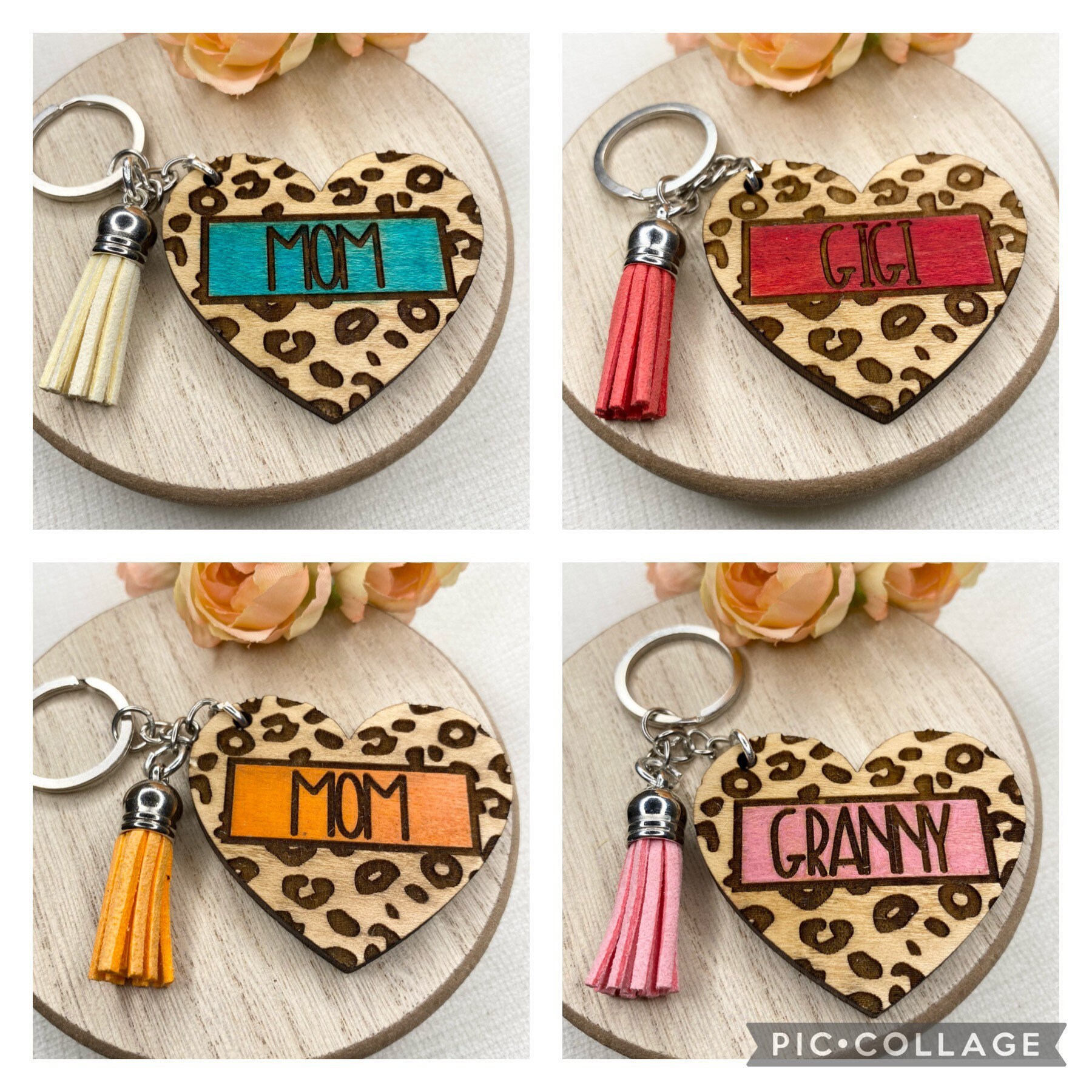 Leopard Heart Wood Key  Ring  Keychains Keychains Lanyards 