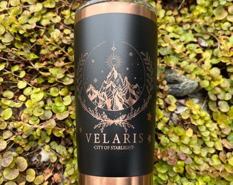 Acotar pattern insulated tumbler cup, 20oz Acotar tumbler, Acotar merch, fantasy mug, smut book, book lover gift, Velaris starlight city